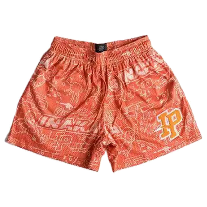 Orange Retro All-Over Pattern Graffiti Mesh Shorts
