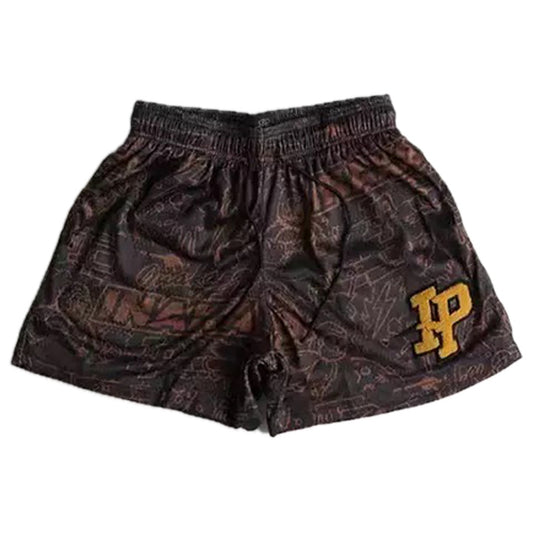 Brown Retro All-Over Pattern Graffiti Mesh Shorts