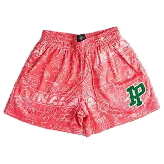 Red Retro All-Over Pattern Graffiti Mesh Shorts
