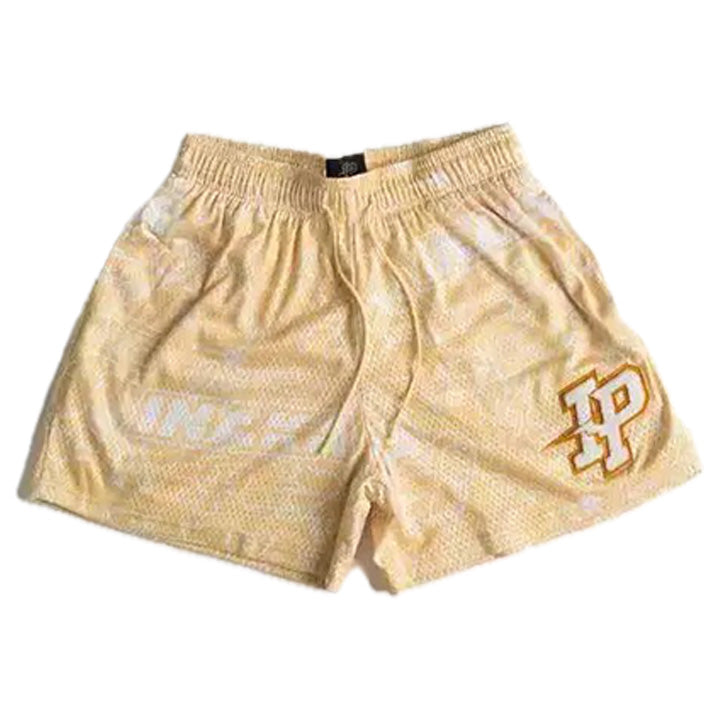 Apricot Retro All-Over Pattern Graffiti Mesh Shorts