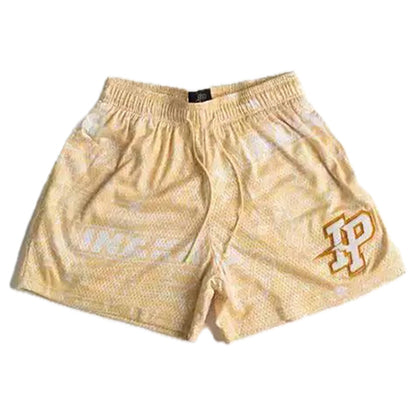 Apricot Retro All-Over Pattern Graffiti Mesh Shorts