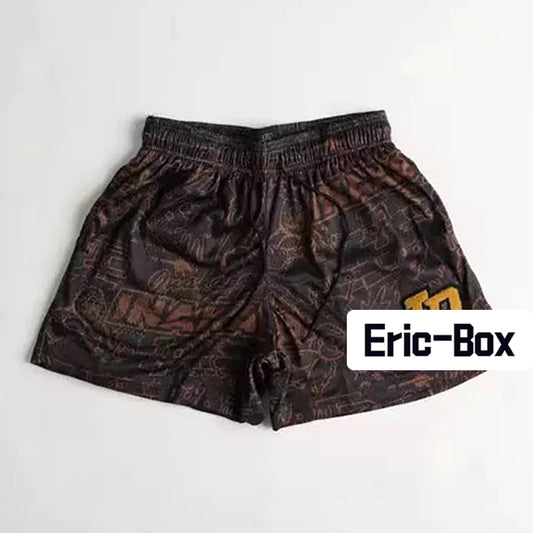 Brown Retro All-Over Pattern Graffiti Mesh Shorts