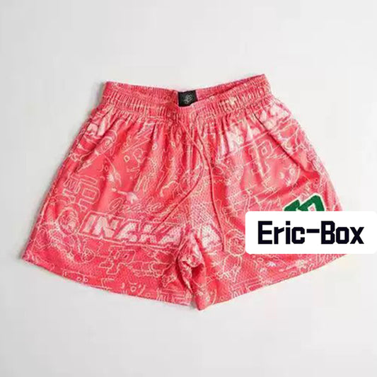 Red Retro All-Over Pattern Graffiti Mesh Shorts