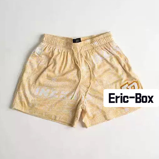 Apricot Retro All-Over Pattern Graffiti Mesh Shorts