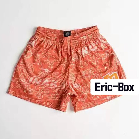 Orange Retro All-Over Pattern Graffiti Mesh Shorts