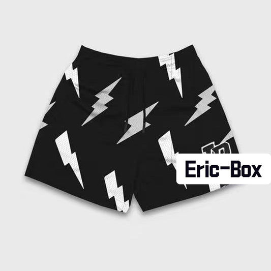 Lightning Bolt Print Black Mesh Shorts