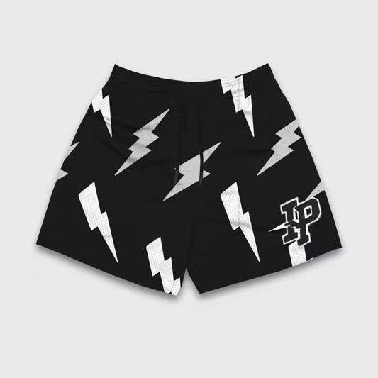 Lightning Bolt Print Black Mesh Shorts