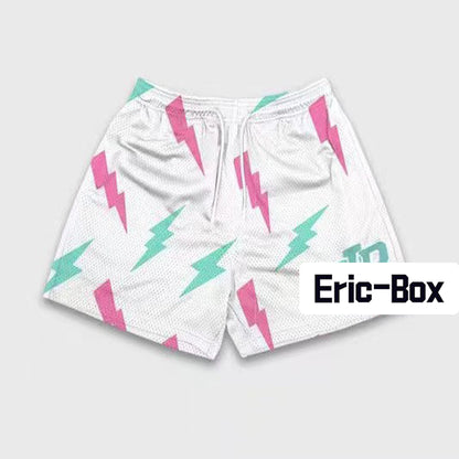 Lightning Bolt Print White Mesh Shorts