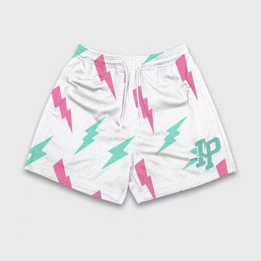 Lightning Bolt Print White Mesh Shorts