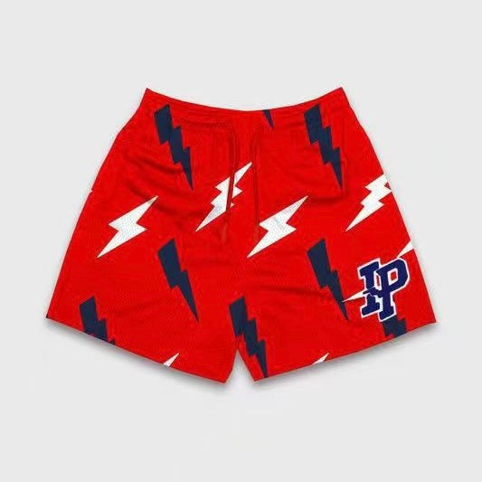 Lightning Bolt Print Red Mesh Shorts