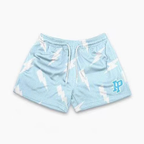 Lightning Bolt Print Light Blue Mesh Shorts