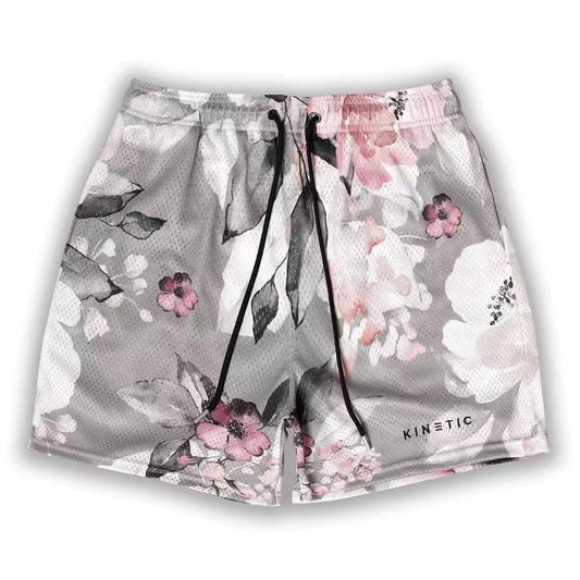 Minimalist Modern Watercolor Floral Mesh Shorts - Grey Pink