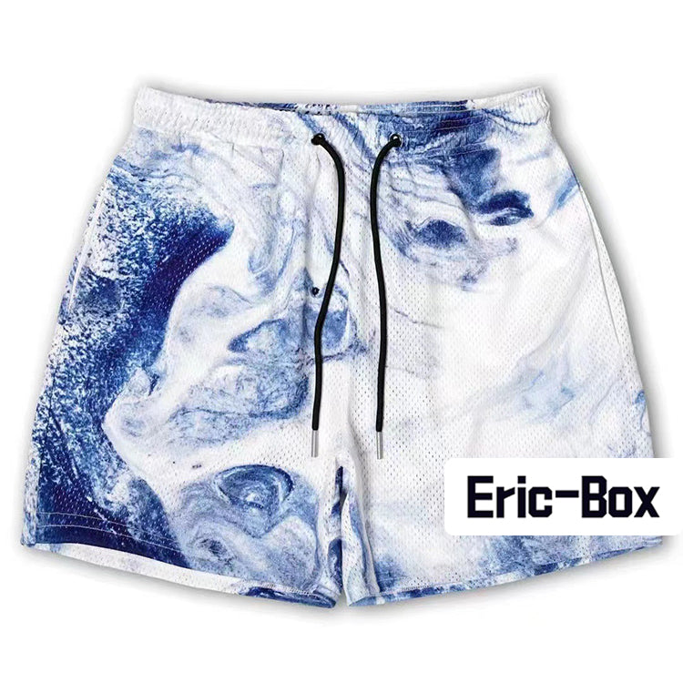 Trendy Blue Wave Mesh Shorts